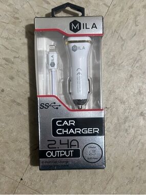 Car Charger by Milano White Dual-Port Car Charger with Lightning Cable